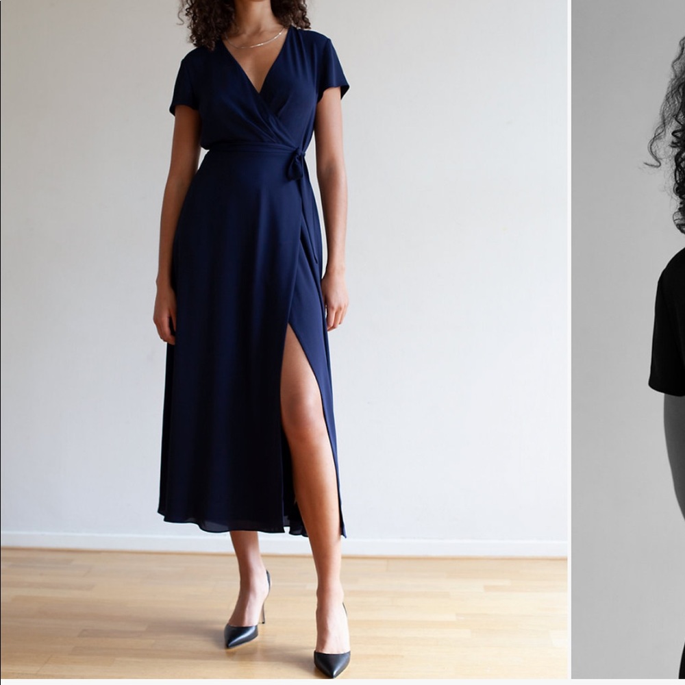 Small Babaton Navy Slit Wrap Dress Long